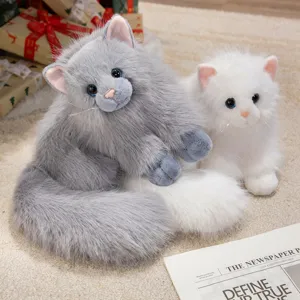 Cute realistic plush cat toy set, fluffy gray and white kitty dolls for kids and gifts.