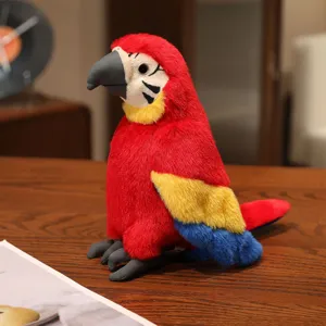 Detailed view of a cute simulation plush parrot toy, colorful macaw stuffed doll for kids.