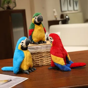 Detailed shot of colorful parrot plush toys, soft fabric filling, lovely animal design.