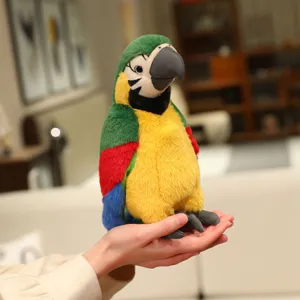 Detailed view of a colorful plush parrot toy, featuring vibrant multi-colored soft fabric design.