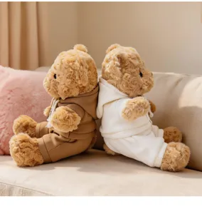 Cute hoodie teddy bear plush toy, soft stuffed animal doll for kids sleeping soothing gift.