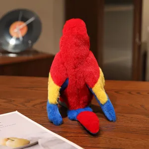 Detailed shot of a colorful plush macaw parrot toy, showing soft fabric texture and vivid back view.