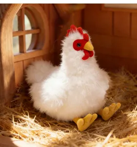 Detailed view of white plush chicken toy, soft stuffed animal with realistic design for kids.