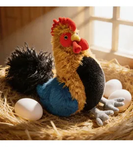 Cute plush rooster toy detail showing fluffy texture and colorful design for children comforting.