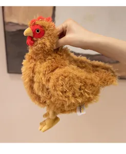 Detailed view of realistic plush chicken toy, soft stuffed animal doll for kids gift.