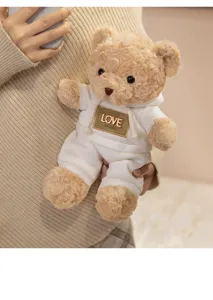 Cute teddy bear plush toy in white hoodie soft stuffed animal comforting doll for kids sleep