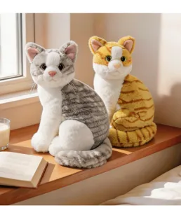Cute sitting cat plush toy detail view, soft stuffed animal doll on wooden windowsill setup.
