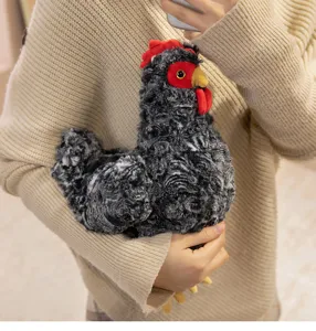Detailed shot of a realistic black rooster plush toy doll, cute fluffy stuffed animal gift.