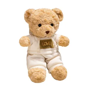 Cute plush teddy bear toy with white hoodie and pants soft stuffed doll for kids gift