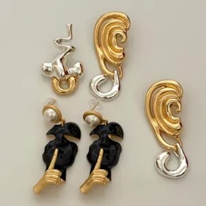 Retro gold and silver abstract geometric asymmetrical earrings fashion statement jewelry for women