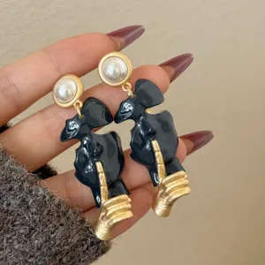 Vintage black gold abstract face pearl earrings geometric avant-garde statement drop jewelry