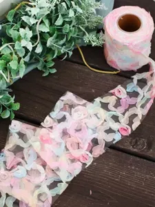 Gros plan détaillé du ruban en mousseline de roses dégradées arc-en-ciel aux pétales délicats.