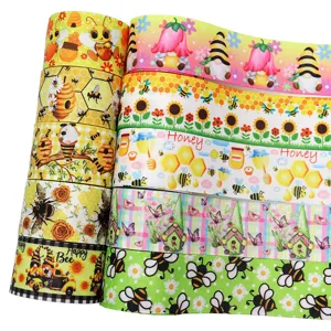 Cute Cartoon Bee Sunflower Printed Polyester Grosgrain Ribbon For DIY Crafts Hair Bows Gift Wrapping Key Accessories