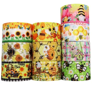 10 yards 38mm printed grosgrain ribbon cute bee sunflower cartoon DIY craft hair bow sewing