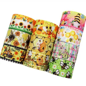 Cute bee sunflower printed grosgrain ribbon 38mm wide DIY hair bow craft sewing material package