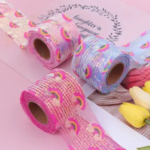 Rainbow mesh sequin embroidery ribbon rolls for DIY crafts, wedding and party decoration.