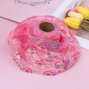 Pink rainbow sequin mesh ribbon tulle roll for DIY handmade crafts wedding party decor