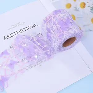 Nastro in tulle con farfalle di paillettes viola per matrimoni e decorazioni artigianali fai-da-te.