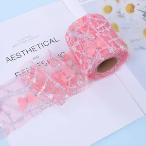 Nastro in tulle con farfalle e paillettes rosa per artigianato fai da te decorazioni nozze e feste.