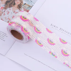Rainbow sequin mesh ribbon close-up detail, perfect for DIY wedding festival garment crafts trim.