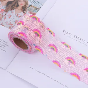 Rainbow sequin mesh ribbon roll detail shot, perfect for DIY crafts, wedding decor and party sewing.
