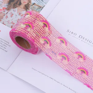 Rainbow sequin mesh ribbon roll for DIY crafts, wedding decoration, and festive handmade accessories.