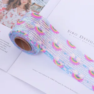 Rainbow mesh sequin ribbon trim detail shot, perfect for DIY crafts, wedding and party decoration.
