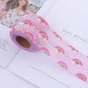 Purple rainbow mesh sequin embroidered ribbon DIY handmade wedding party craft trim accessory