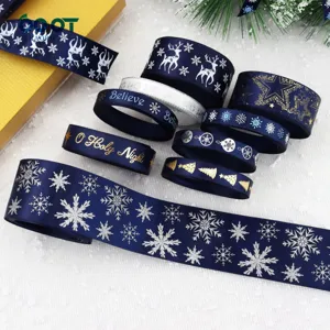 Christmas Blue Polyester Ribbon Glitter Snowflake Reindeer Print Satin Ribbons For Gift Wrapping Holiday Decoration Craft Ribbons