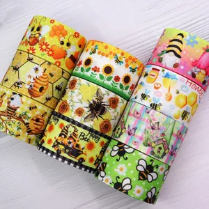 Printed grosgrain ribbon with cute bee and gnome patterns, 38mm wide, perfect for DIY crafts.