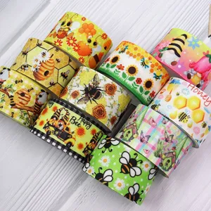 Cute cartoon bee printed grosgrain ribbon rolls for DIY crafts, hair bows, and gift wrapping.