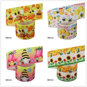 38mm printed grosgrain ribbon cute cartoon bee sunflower DIY craft sewing hair bow accessory