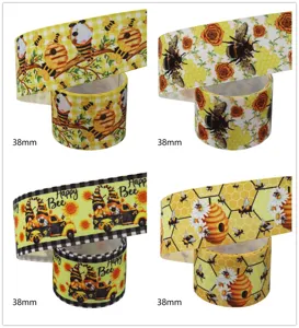 38mm printed grosgrain ribbon set featuring cute bee and gnome designs for DIY crafts.