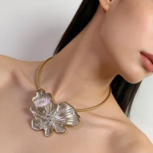 Close-up detail shot of luxury pearlescent drip-glaze butterfly flower choker necklace.