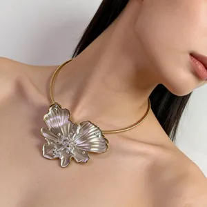 Close-up of pearlescent glazed flower choker necklace detail showcasing unique purple hue