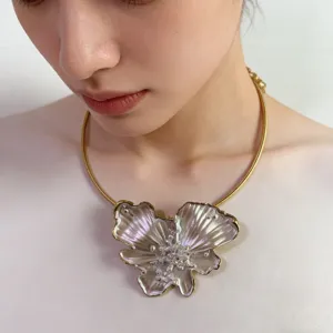 Spanish designer pearly glazed enamel butterfly choker necklace, luxury jewelry accessory for women.