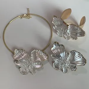 Designer style pearlescent glazed butterfly necklace cuff bracelet and ring set in gold