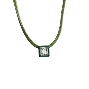 Green PU leather choker necklace with square crystal pendant, stylish jewelry for women.