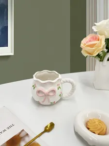 Tasse à café en céramique nœud détail, jolie tasse ruban rose, tasse de thé esthétique.