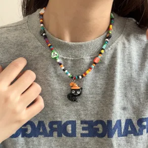 Halloween handgemaakte kleurrijke kraal ketting met schattige zwarte kat hanger voor dames mode