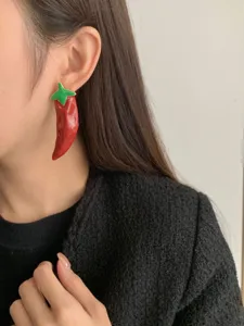 Chic enamel red chili pepper earrings for women, sweet dopamine style exaggerated statement jewelry.