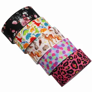 Rollos de cinta grosgrain de 25mm con motivos florales dinosaurios ciervos y leopardo.
