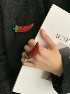 Chili pepper ring brooch enamel red dopamine style exaggerated jewelry detail shot