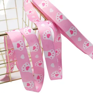 Cute Pink Cat Paw Heart Printed Polyester Grosgrain Ribbon Double Sided Thickened Ribbon For DIY Hair Bow Gift Wrapping