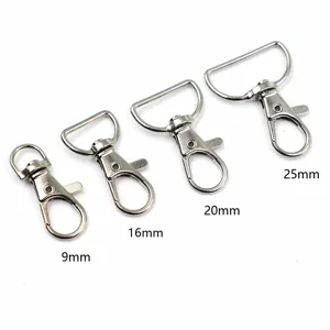 Detail view of silver metal lobster clasps in 9mm, 16mm, 20mm, and 25mm sizes for DIY craft.