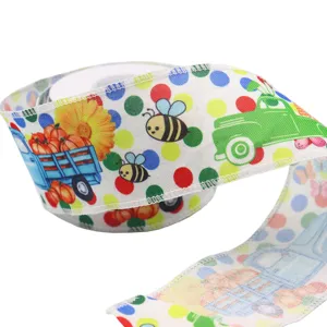 Ruban fil de fer imprimé de dessins animés d'abeilles et de citrouilles pour emballage cadeau et déco.