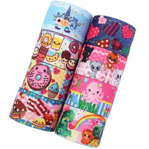 Cartoon printed grosgrain ribbon rolls for handmade DIY hair bows and craft accessories.