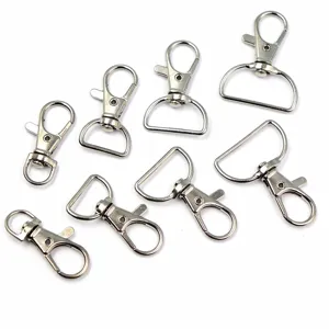 Silver metal lobster swivel snap hooks and D rings for DIY crafts, keychains, and lanyards.