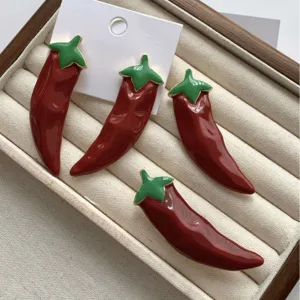 Unique Enamel Red Chili Pepper Jewelry Set For Women Trendy Dopamine Style Alloy Fruit Earrings Brooch Ring Trendy Accessory