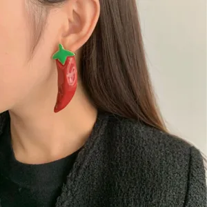 Red chili pepper enamel statement earrings for women, trendy bold fashion ear jewelry